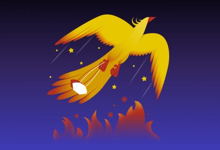 illustration of a phoenix flying upwards to the sky holding a breathe mask in his claws