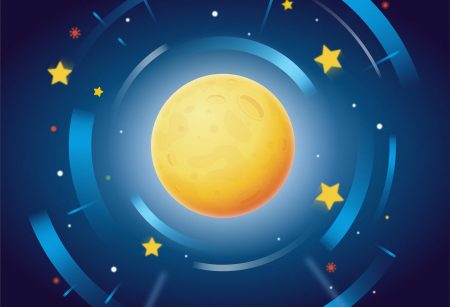An illustration showing a moon and stars before blue background