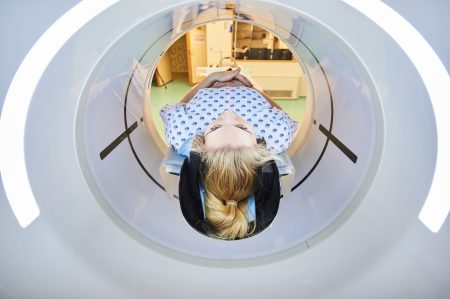 A patient ready for a breast MRI at Liège University Hospital in Belgium