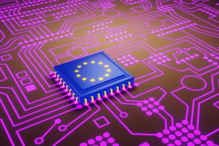 An advanced CPU printed with an European Union flag on a neon glowing electronic circuit board. Illustration of the concept of EU made high-end micro chips.