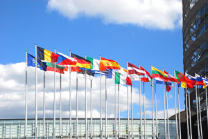 Europarliament. Flags of the countries of the European Union at an input in Europarliament