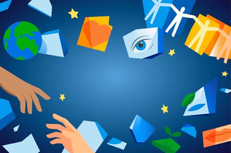 Illustration for EHFG 2025, parts of rocks, some EU-stars and two hands reaching out for one another symbolise a "fragmented society"