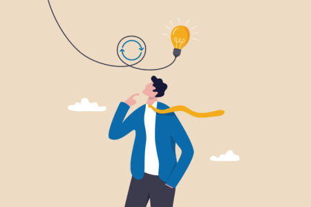 Rethink or think again to make change for better result, thinking new way to solve problem or make decisions, innovation idea to disruption concept, smart businessman rethink with lightbulb idea.