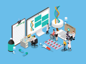 Healthcare and Medical Research Concept with Doctors, DNA, Pills, and Technology 3d flat vector illustrations